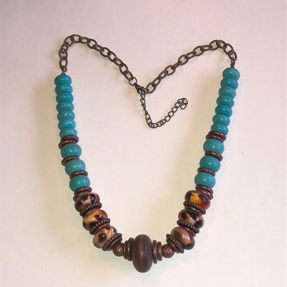 Turquoise Color and Brown Beaded Boho Statement Necklace